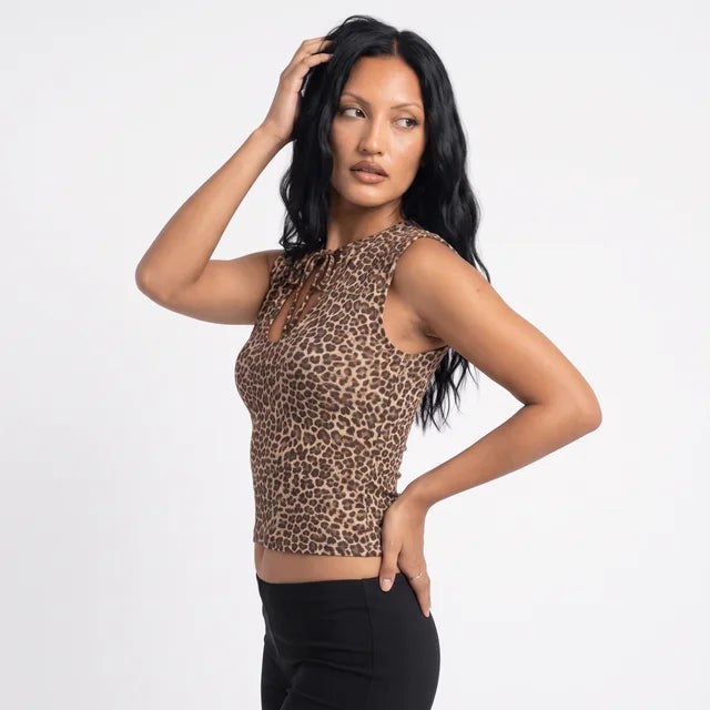 FLORA Women's Leopard Brown Ernesta Keyhole Tie Top