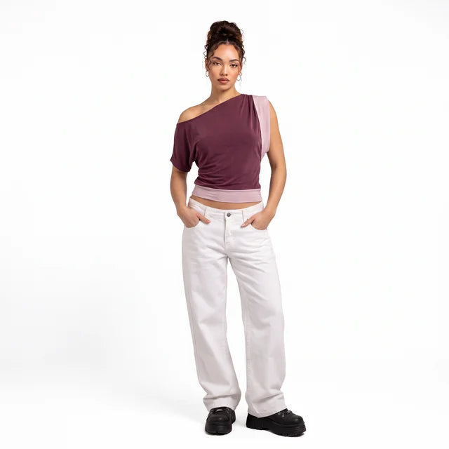 CELESTE Women's Deep Purple Sobiya Asymmetric Batwing Top