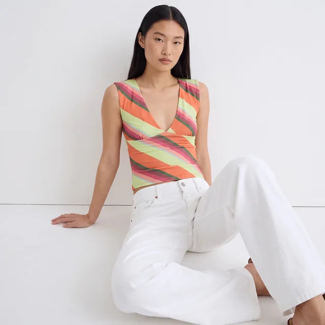 FLORA Women's Retro Blue Stripe Emberlo Tie Front Crop Top