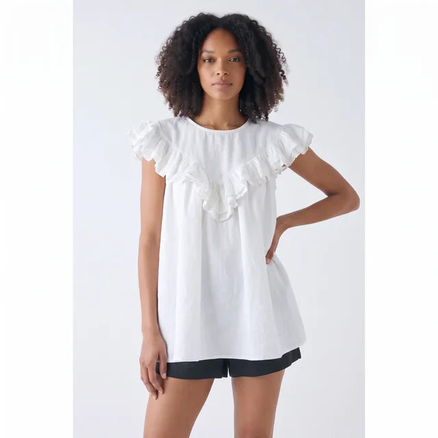 FLORA Women's White Viola Linen Button Front Tunic Top