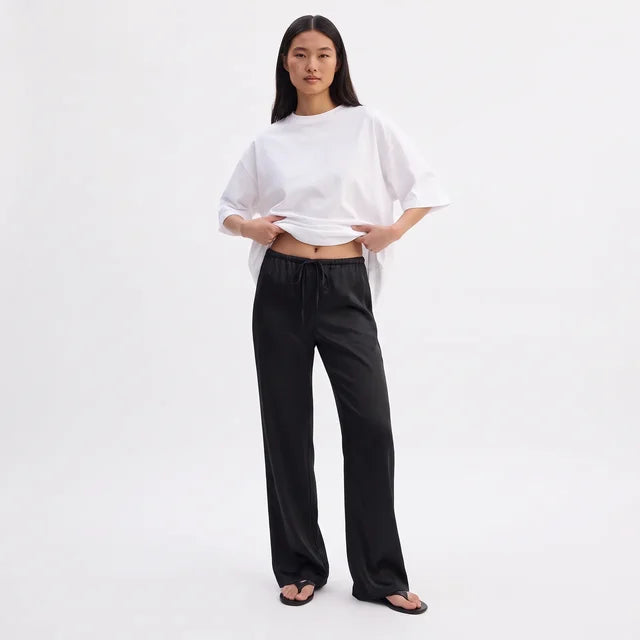 VALENTINA Women's Black Rae High Waist Satin Wide Leg Pants