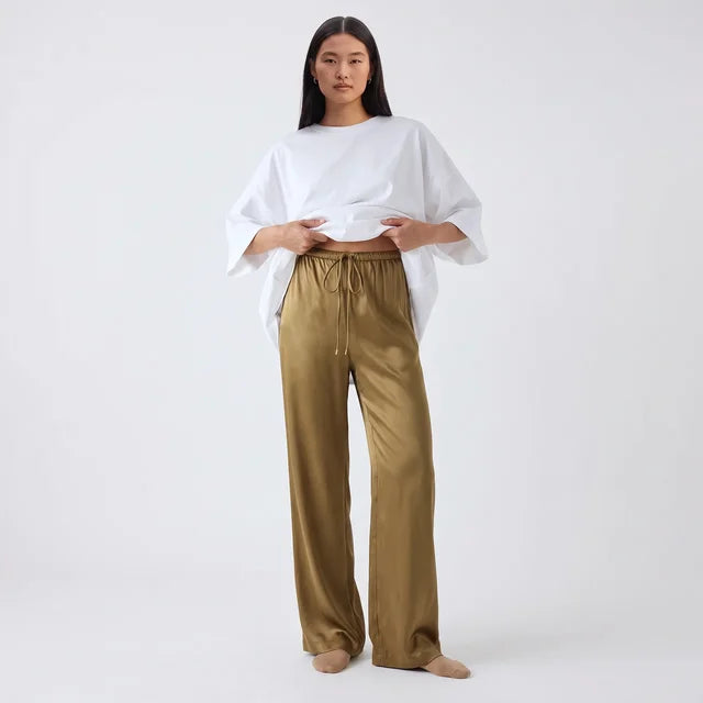 VALENTINA Women's Black Rae High Waist Satin Wide Leg Pants