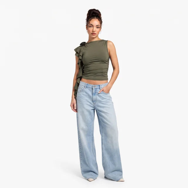 FLORA Women's Khaki Green Carrie Ruched Off Shoulder Crop Top
