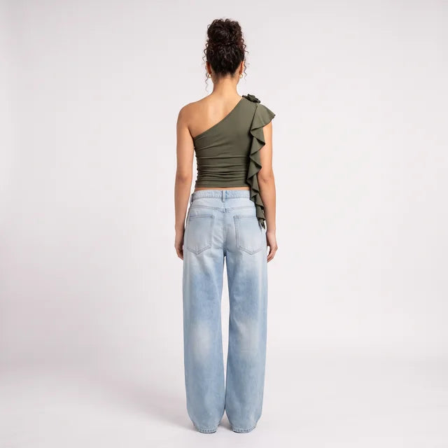 FLORA Women's Khaki Green Carrie Ruched Off Shoulder Crop Top