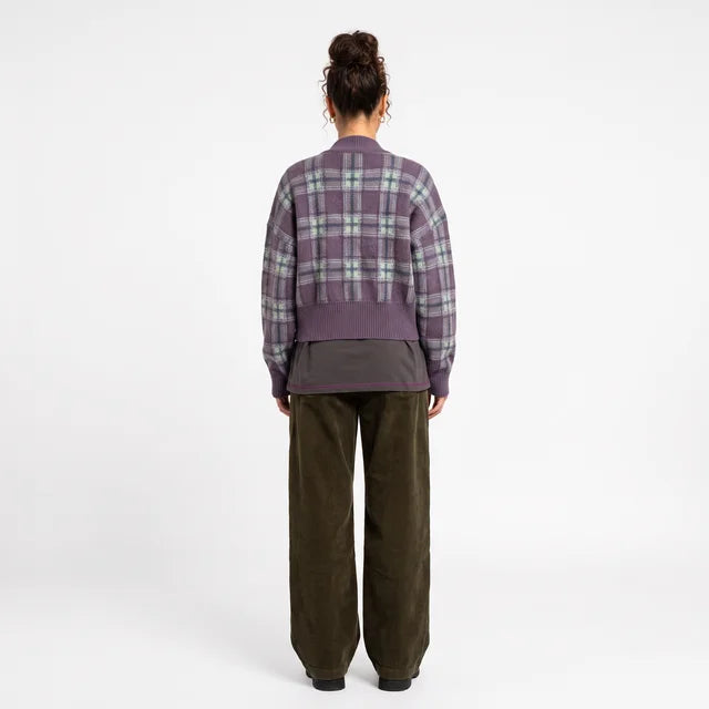 CELESTE Women's Brushed Lilac Check Saffy Merino Wool Cardigan