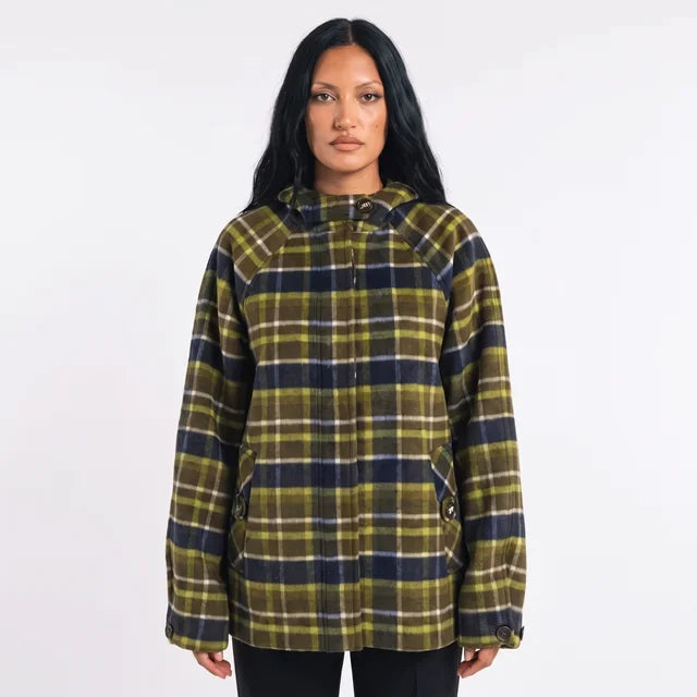 ISADORA Women's Lark Green Check Edison Hooded Wool Blend Coat