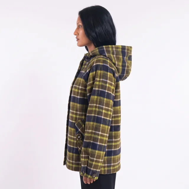 ISADORA Women's Lark Green Check Edison Hooded Wool Blend Coat