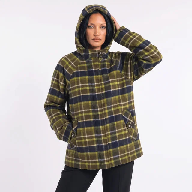 ISADORA Women's Lark Green Check Edison Hooded Wool Blend Coat