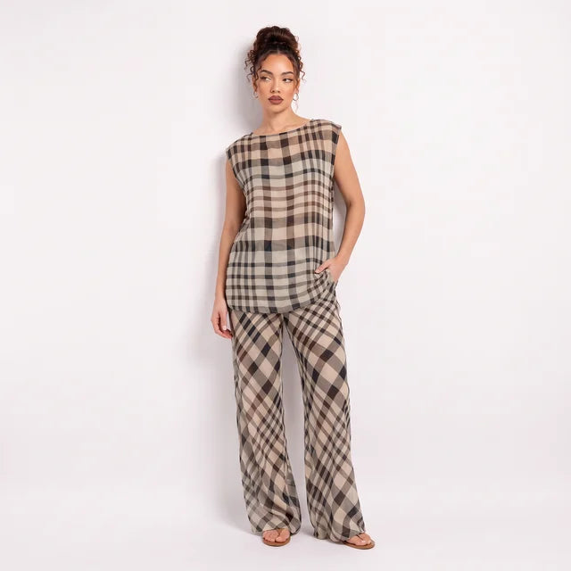 CELESTE Women's Claudie Print Remi Sheer Wide Leg Pants