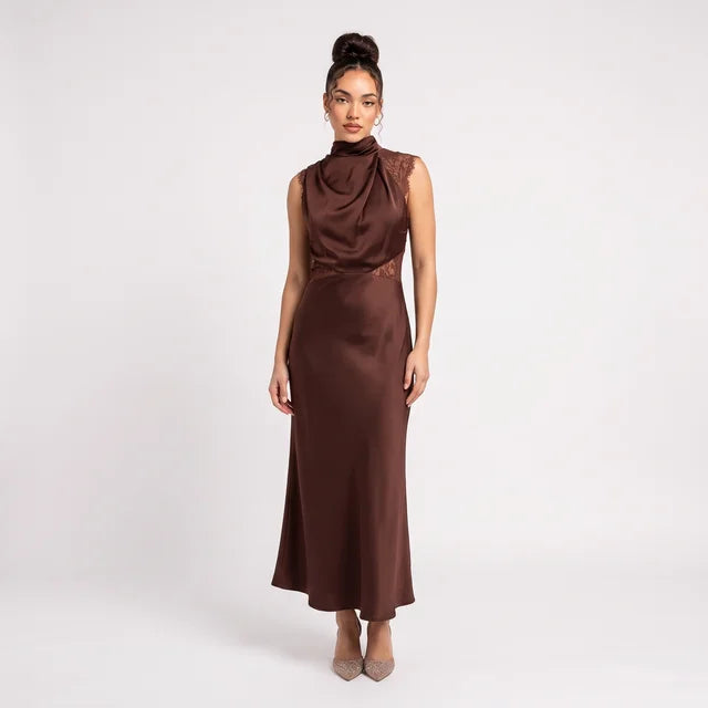 CELESTE Women's Chocolate Brown Halter Neck Lace Maxi Dress