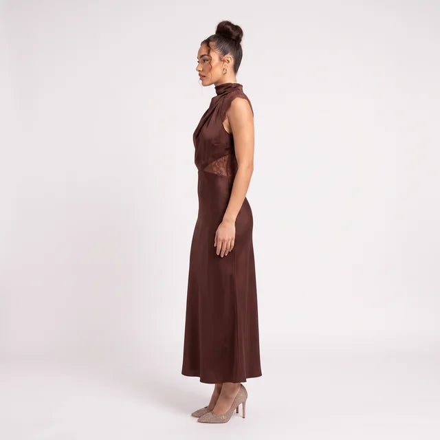 CELESTE Women's Chocolate Brown Halter Neck Lace Maxi Dress
