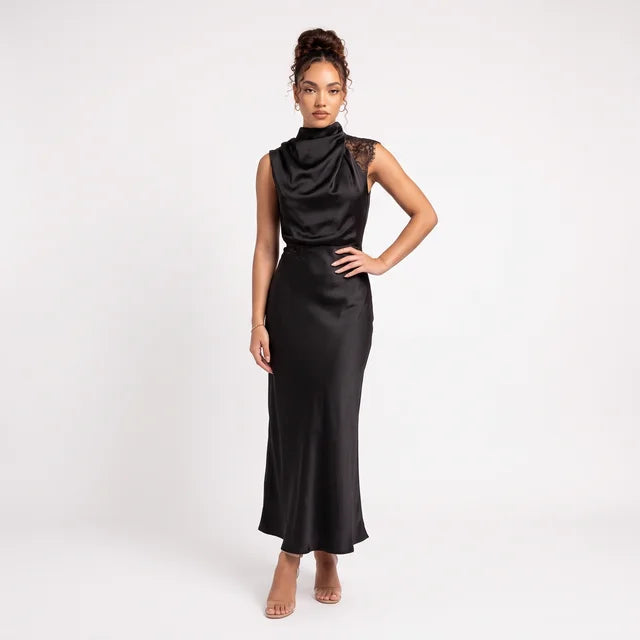 CELESTE Women's Chocolate Brown Halter Neck Lace Maxi Dress