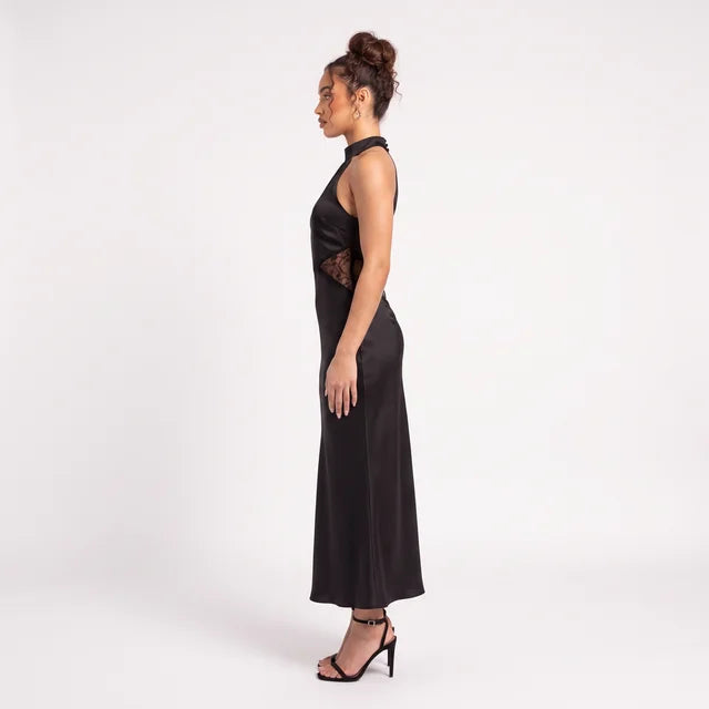 CELESTE Women's Chocolate Brown Halter Neck Lace Maxi Dress