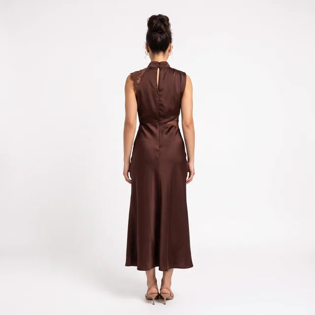 CELESTE Women's Chocolate Brown Halter Neck Lace Maxi Dress