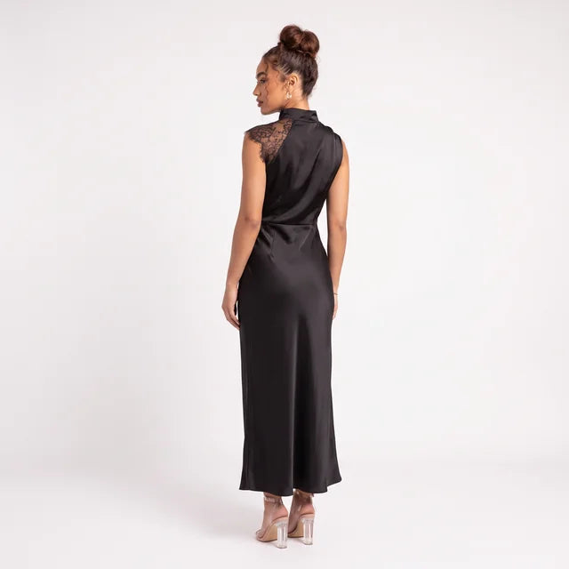 CELESTE Women's Chocolate Brown Halter Neck Lace Maxi Dress