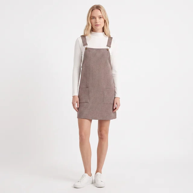 GENEVIEVE Women's Brown Houndstooth Overall Mini Dress