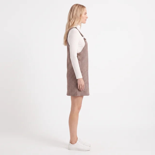 GENEVIEVE Women's Brown Houndstooth Overall Mini Dress