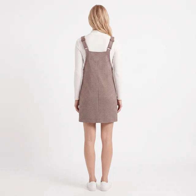 GENEVIEVE Women's Brown Houndstooth Overall Mini Dress