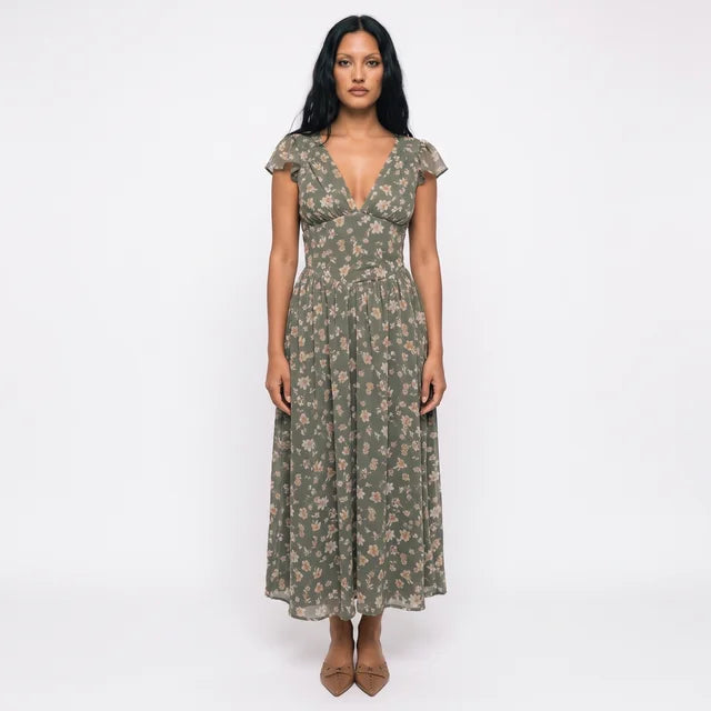 PENELOPE Women's Olive Floral Ruffle Sleeve Midi Dress