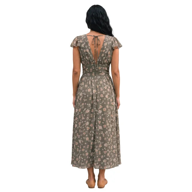 PENELOPE Women's Olive Floral Ruffle Sleeve Midi Dress