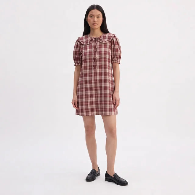 CHARLOTTE Women's Burgundy Plaid Collar Mini Dress