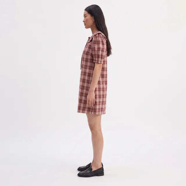 CHARLOTTE Women's Burgundy Plaid Collar Mini Dress