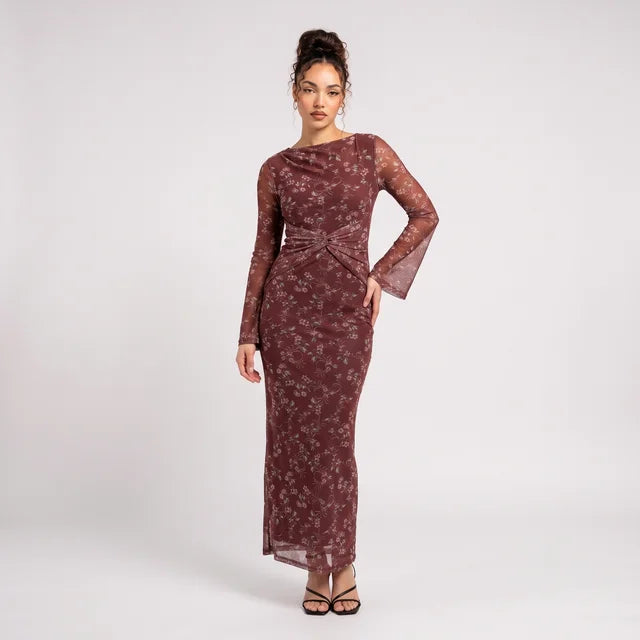 OCTAVIA Women's Rust Floral Long Sleeve Twist Front Midi Dress