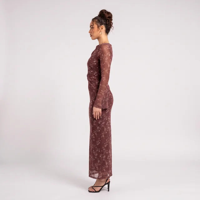 OCTAVIA Women's Rust Floral Long Sleeve Twist Front Midi Dress