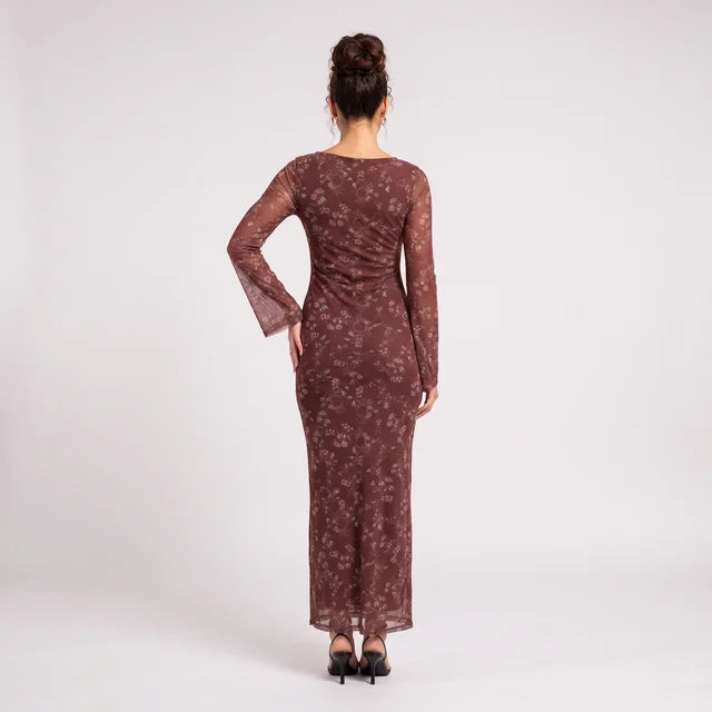 OCTAVIA Women's Rust Floral Long Sleeve Twist Front Midi Dress