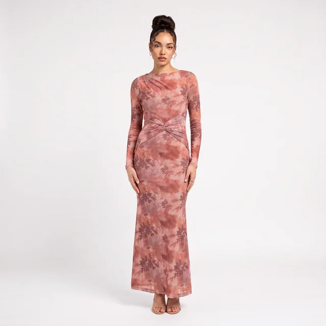 OCTAVIA Women's Rust Floral Long Sleeve Twist Front Midi Dress