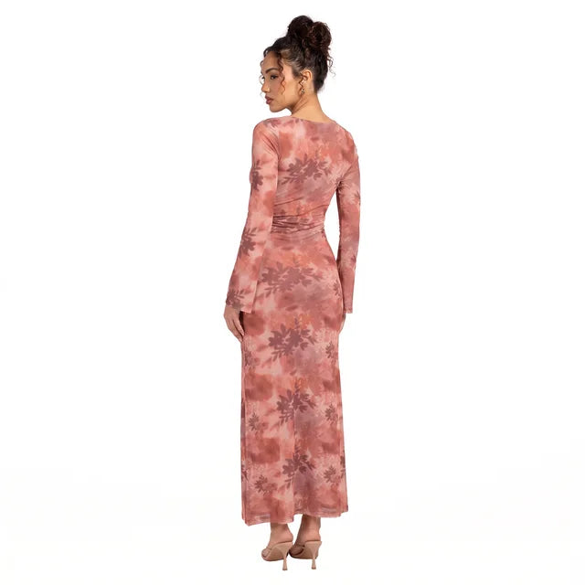 OCTAVIA Women's Rust Floral Long Sleeve Twist Front Midi Dress
