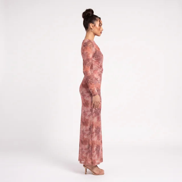 OCTAVIA Women's Rust Floral Long Sleeve Twist Front Midi Dress