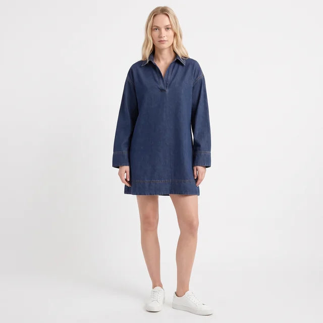 VERONICA Women's Indigo Denim Long Sleeve V-Neck Mini Dress