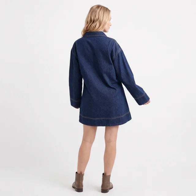 VERONICA Women's Indigo Denim Long Sleeve V-Neck Mini Dress