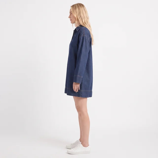 VERONICA Women's Indigo Denim Long Sleeve V-Neck Mini Dress