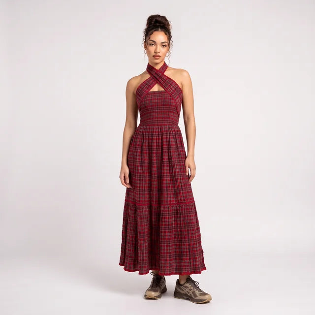 FLORENCE Women's Red Check Smocked Seersucker Midi Dress