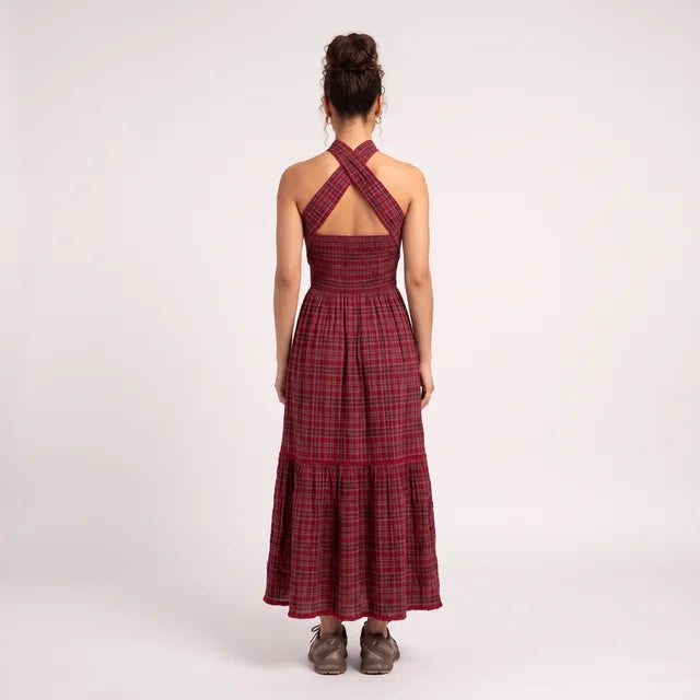 FLORENCE Women's Red Check Smocked Seersucker Midi Dress