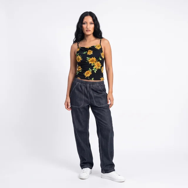 JACQUELINE Women's Midnight Sunflower Cowl Neck Capped Top