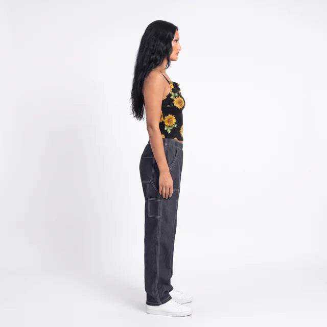 JACQUELINE Women's Midnight Sunflower Cowl Neck Capped Top