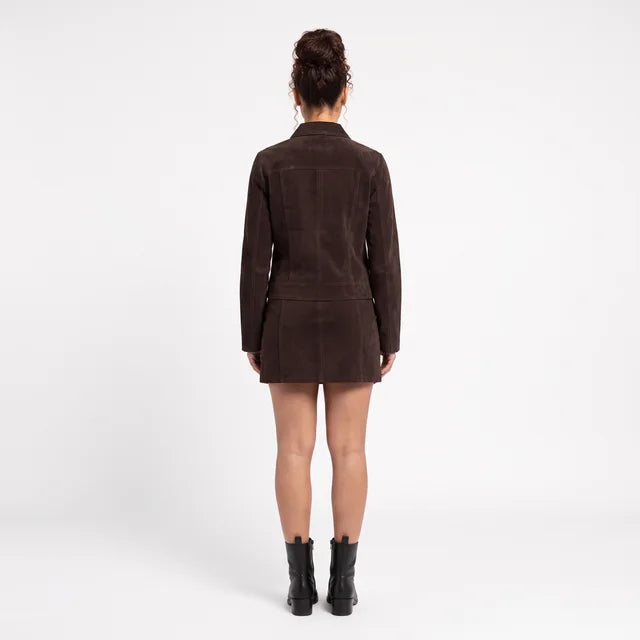 GENEVIEVE Women's Mocha Suede Faux Leather Zip Fitted Jacket