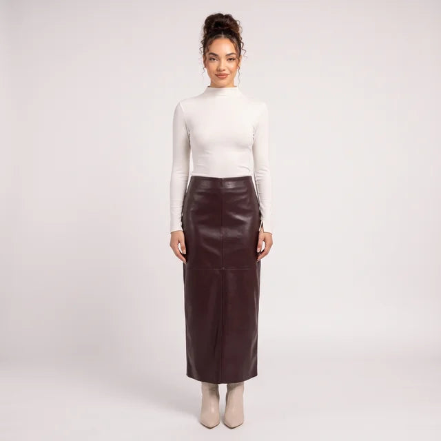 ABIGAIL Women's Burgundy High Rise Faux Leather Column Maxi Skirt