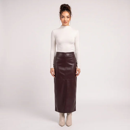 ABIGAIL Women's Burgundy High Rise Faux Leather Column Maxi Skirt
