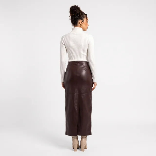 ABIGAIL Women's Burgundy High Rise Faux Leather Column Maxi Skirt