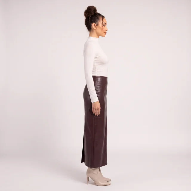 ABIGAIL Women's Burgundy High Rise Faux Leather Column Maxi Skirt