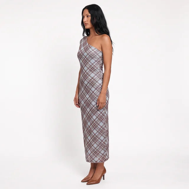 BEATRICE Women's Blue Plaid Off Shoulder Ruched Mesh Midi Dress