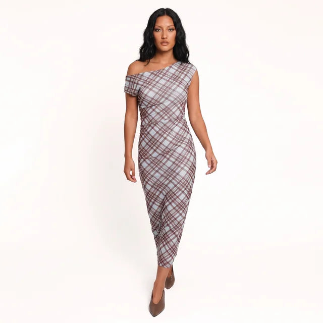 BEATRICE Women's Blue Plaid Off Shoulder Ruched Mesh Midi Dress