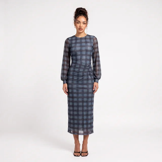 FLORENCE Women's Blue Plaid Gathered Front Mesh Maxi Dress