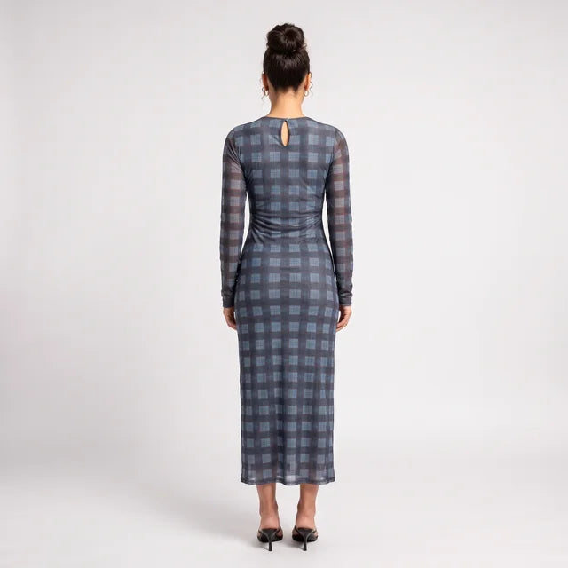 FLORENCE Women's Blue Plaid Gathered Front Mesh Maxi Dress