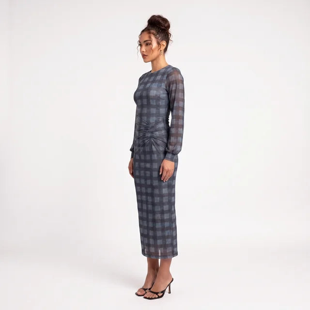 FLORENCE Women's Blue Plaid Gathered Front Mesh Maxi Dress