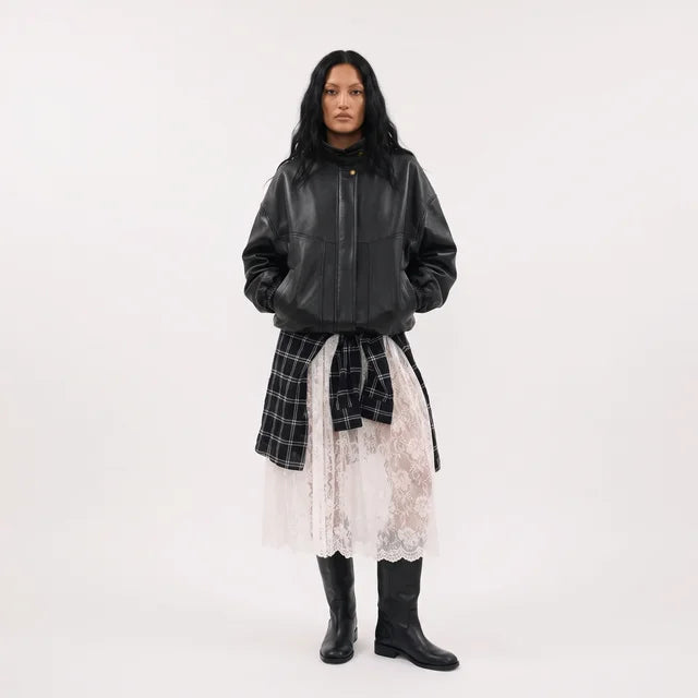 BEATRICE Women's Black Genuine Leather Oversized Zip Bomber Jacket